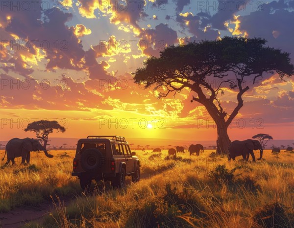 African savannah sunrise with a jeep safari and elephants, AI generated