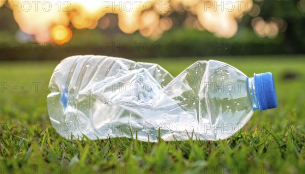 Crushed plastic water bottle waste in a wild landscape, symbol for nature protection, waste avoidance, recycling and ecology concepts on earth environment, AI generated