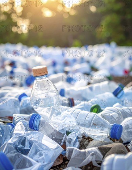 Crushed plastic water bottle waste in a wild landscape, symbol for nature protection, waste avoidance, recycling and ecology concepts on earth environment, AI generated