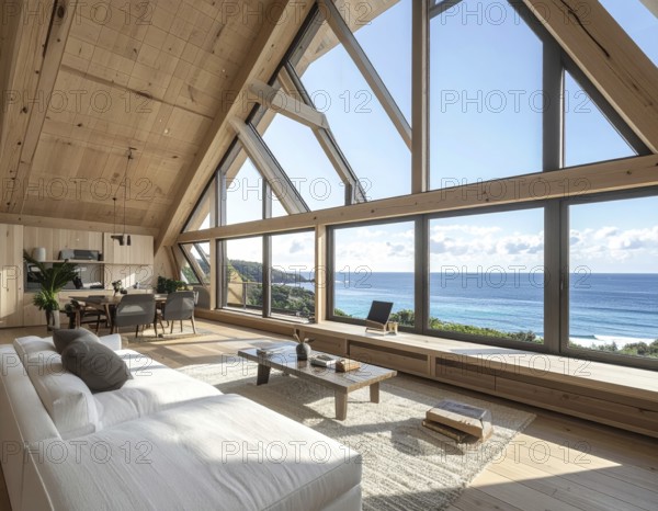 Peaceful A-frame cabin interior with ocean views, real estate lifestyle and travel destination, Comfortable minimalist sanctuary embraced by natural beauty and stunning coastal scenery, clear blue sky, AI generated
