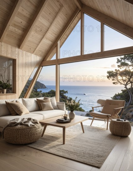 Peaceful A-frame cabin interior with ocean views, real estate lifestyle and travel destination, Comfortable minimalist sanctuary embraced by natural beauty and stunning coastal scenery, clear blue sky, AI generated