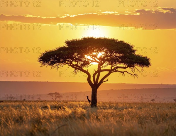 Single acacia tree in the savannah at sunset, solitude in the wild, dry grass in the foreground, yellow sky with colorful clouds, AI generated