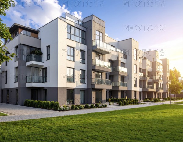 New modern block of flat, condo architecture, Residential apartment as a flat, luxury house complex, City real estate property, green garden plants in front, clear blue sky with golden evening light, AI generated