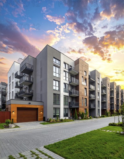 New modern block of flat, condo architecture, Residential apartment as a flat, luxury house complex, City real estate property, green garden plants in front, clear blue sky with golden evening light, AI generated