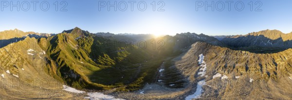 Sunrise 360° Alpine panorama, aerial view of Bachlenkenkopf, summit of the Großvenediger, Venediger Group and Lasörling Group, Hohe Tauern, Austria