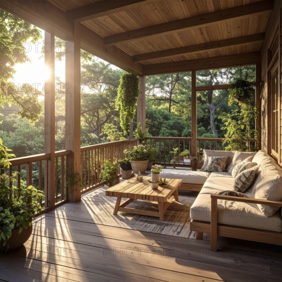 An eco-friendly porch designed for sustainable living in an environmentally-conscious home, lush greenery, landscape bathed in warm sunlight, AI generated