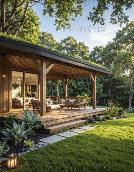 An eco-friendly porch designed for sustainable living in an environmentally-conscious home, lush greenery, landscape bathed in warm sunlight, AI generated