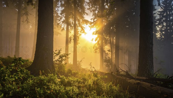 Sunlight streaming through a dense, misty forest, Fog covered forest in summer with mystic golden sunlight, spring morning landscape, backlight sunshine with sunbeams, AI generated