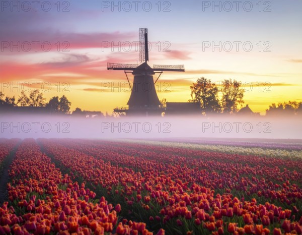 Fog covered landscape in sunrise with tulip fields and windmill in background, AI generated
