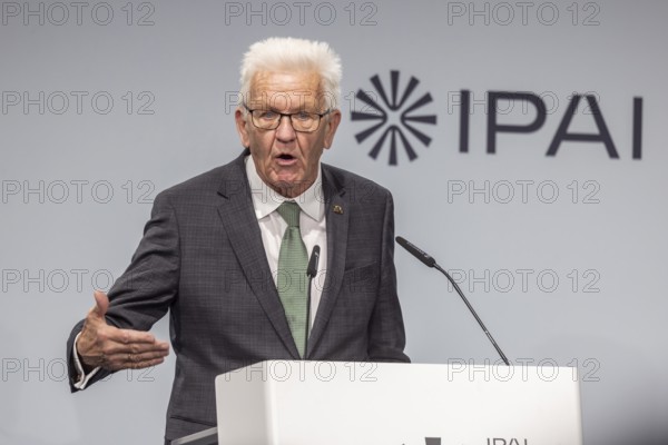 Winfried Kretschmann (Greens), Minister-President of Baden-Württemberg. portrait at the lectern with free text space. ground-breaking ceremony ceremony for the Innovation Park for Artificial Intelligence (IPAI), Heilbronn, Baden-Württemberg, Germany