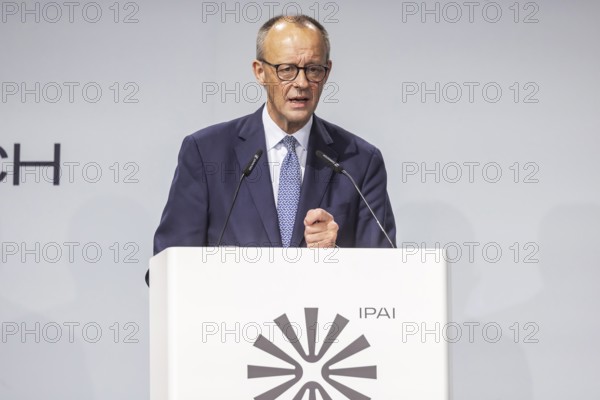 Federal Chancellor Friedrich Merz (CDU) . Portrait at the lectern with free text space. ground-breaking ceremony ceremony for the Artificial Intelligence Innovation Park (IPAI) . Heilbronn, Baden-Württemberg, Germany