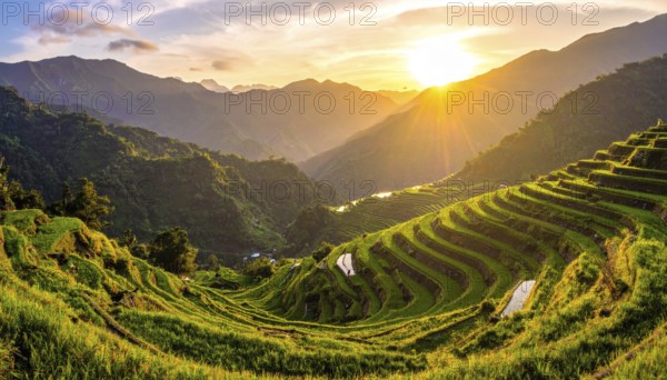 Early morning light bathes Philippines rice terraces cascading down mountain slopes, beautiful golden light, AI generated