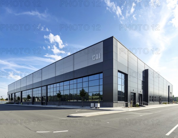 Modern supermarket building exterior against blue sky, Inviting white facade, some clouds, concept of shopping and consume, AI generated