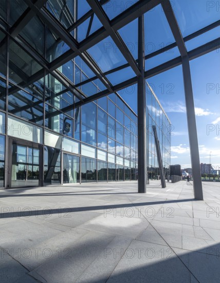 Modern architectural framework with glass and steel structure, glass facade with a greed of steel arrows, blue sky with a soft golden light of a sunrise, AI generated