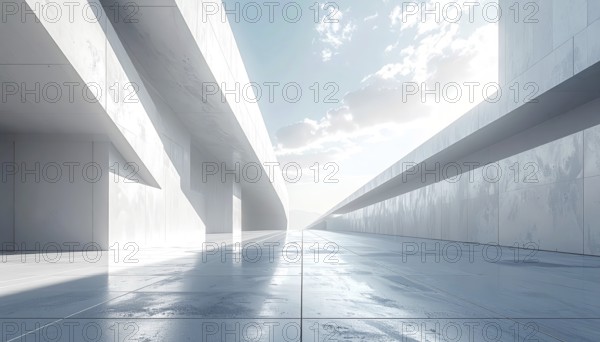 3d illustration of abstract modern architecture background, Minimal geometry architectural design, futuristic car presentation backdrop with empty concrete floor and clear simple lines, white and grey color tones, AI generated