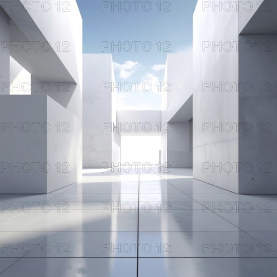 3d illustration of abstract modern architecture background, Minimal geometry architectural design, futuristic car presentation backdrop with empty concrete floor and clear simple lines, white and grey color tones, AI generated