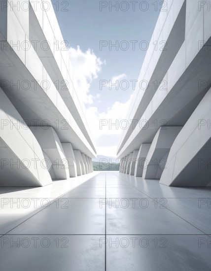 3d illustration of abstract modern architecture background, Minimal geometry architectural design, futuristic car presentation backdrop with empty concrete floor and clear simple lines, white and grey color tones, AI generated