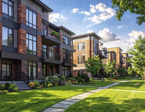 Modern apartment building with balconies and well-kept landscaping at sunset, Modern multifamily housing property with brick, siding facade features balconies, manicured lawns. Contemporary residential buildings offer urban living spaces, condominium options in scenic town, blue sky with a colorful sunrise, AI gererated, AI generated