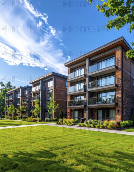 Modern apartment building with balconies and well-kept landscaping at sunset, Modern multifamily housing property with brick, siding facade features balconies, manicured lawns. Contemporary residential buildings offer urban living spaces, condominium options in scenic town, blue sky with a colorful sunrise, AI gererated, AI generated