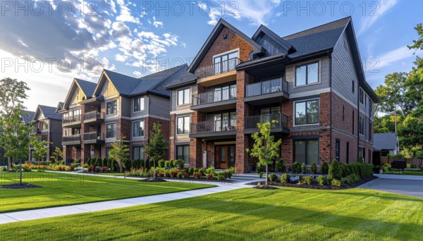 Modern apartment building with balconies and well-kept landscaping at sunset, Modern multifamily housing property with brick, siding facade features balconies, manicured lawns. Contemporary residential buildings offer urban living spaces, condominium options in scenic town, blue sky with a colorful sunrise, AI gererated, AI generated