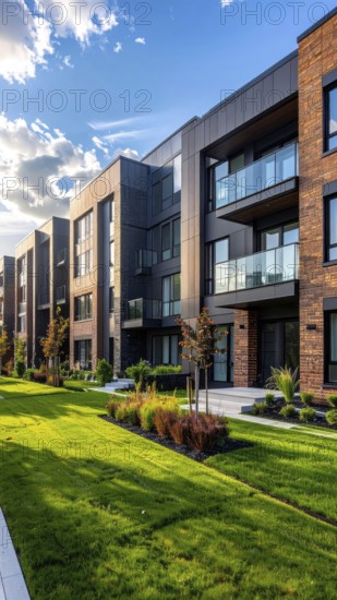 Modern apartment building with balconies and well-kept landscaping at sunset, Modern multifamily housing property with brick, siding facade features balconies, manicured lawns. Contemporary residential buildings offer urban living spaces, condominium options in scenic town, blue sky with a colorful sunrise, AI gererated, AI generated