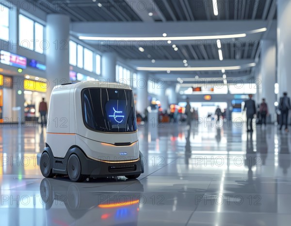 Autonomous cleaning roboter at modern airport terminal, showcasing advanced technology, daylight in the hall, the future of autonomous cleaning industry, AI generated