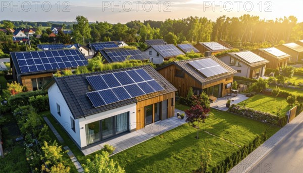 Aerial view showcases modern houses with solar panels and green roofs in a suburban setting, vibrant sunrise with blue sky, AI generated