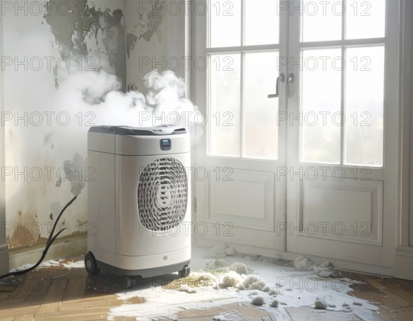 A specialized dehumidifier operates in a mold-infested room following water damage, Shell construction at construction site, AI generated
