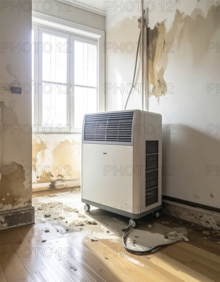 A specialized dehumidifier operates in a mold-infested room following water damage, Shell construction at construction site, AI generated