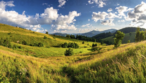 Fresh summer hilly Landscape with blooming Meadow, green plants, Blue Sky with cloudy sky, serene nature background, AI generated