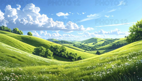 Fresh summer hilly Landscape with blooming Meadow, green plants, Blue Sky with cloudy sky, serene nature background, abstract vector illustration, AI generated