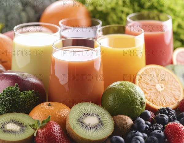 Fresh fruit juices in glasses, surrounded by colorful fruits, showcasing healthy drinking and eating, fitness and wellness lifestyle, AI generated