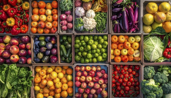 Fresh fruits and vegetables in a market display, aerial view perpendicular top down, healthy eating and lifestyle, AI generated