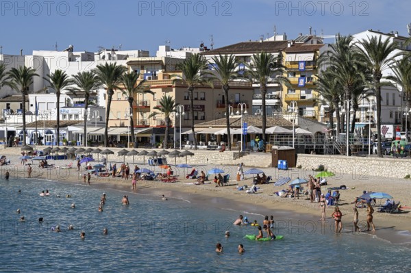 View of the beach and old town of Jávea or Xàbia, Alicante Province, Comunidad Valenciana, Spain