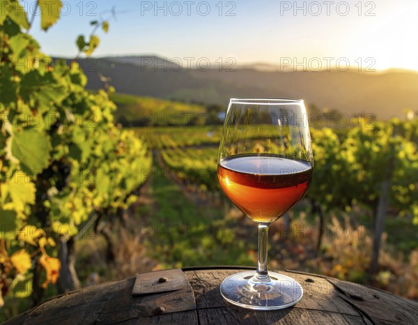 A glass of 10-year-old tawny wine placed on a barrel in a vineyard restaurant, vineyard landscape in blurred background, AI generated