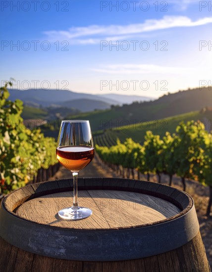 A glass of 10-year-old tawny wine placed on a barrel in a vineyard restaurant, vineyard landscape in blurred background, AI generated