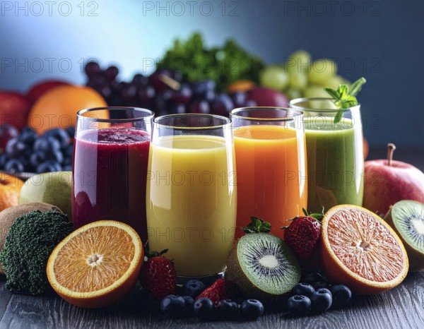 Fresh fruit juices in glasses, surrounded by colorful fruits, showcasing healthy drinking and eating, fitness and wellness lifestyle, AI generated