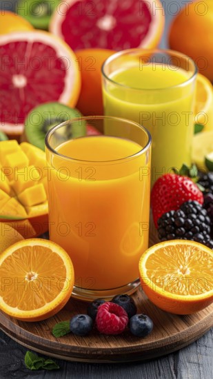 Fresh fruit juices in glasses, surrounded by colorful fruits, showcasing healthy drinking and eating, fitness and wellness lifestyle, AI generated