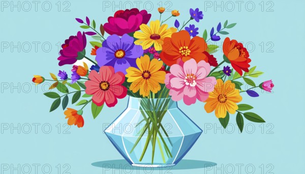 Crystal glass vase with vibrant blooming flowers, vibrant vector drawing illustration for fresh spring background, AI generated
