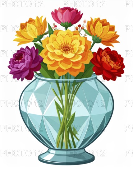 Crystal glass vase with vibrant blooming flowers, vibrant vector drawing illustration for fresh spring background, AI generated