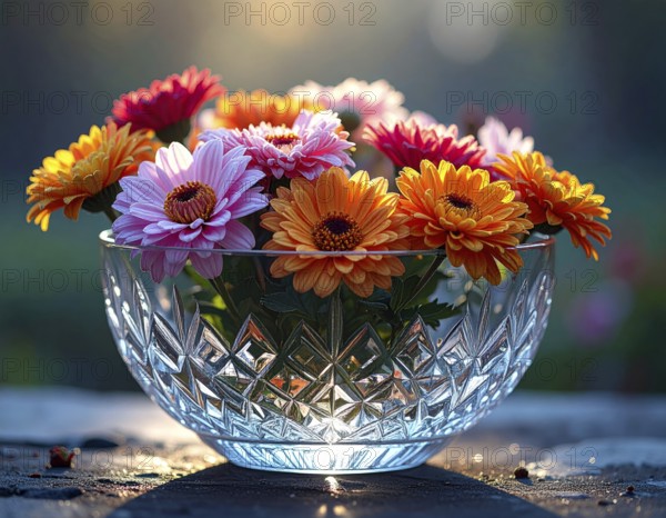 Crystal glass vase with vibrant blooming flowers, fresh spring and summer concept, AI generated