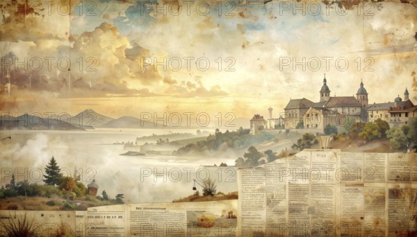 Grunge old public newspaper, texture background wallpaper illustration, vintage tattered yellow press news, AI generated