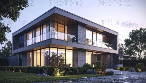 Modern residential house with green garden, simple geometric architecture, clear blue sky in the evening sunset, symbol for a real estate lifestyle, AI generated