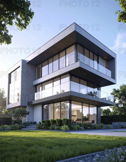 Modern residential house with green garden, simple geometric architecture, clear blue sky in the evening sunset, symbol for a real estate lifestyle, AI generated