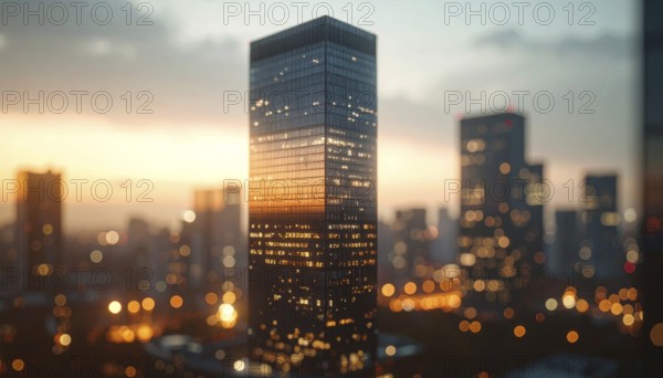 Modern building reflecting sunset light at dusk. Abstract Futuristic Business Background, AI generated