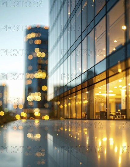 Modern building reflecting sunset light at dusk. Abstract Futuristic Business Background, AI generated