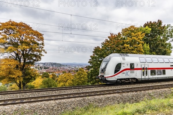 InterCity operated by Deutsche Bahn AG on the road between Stuttgart and Singen. The panoramic route through Stuttgart-West is part of the Gäu Railway. Stuttgart, Baden-Württemberg, Germany