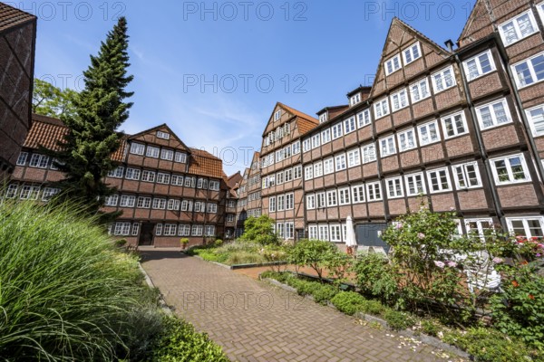 Facades of the historic brick buildings, inner courtyard, view over the city, Peterstraße, composers' quarter, Neustadt, Hamburg, Germany