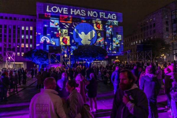 The 10th Essen Light Festival, in the city centre, second largest light art festival in Germany, light art on Kennedyplatz, Platz der Wünsche, light installation, with DJ sound, Essen, North Rhine-Westphalia, Germany