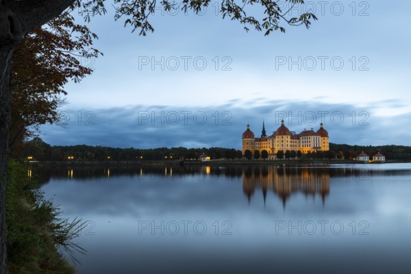 Moritzburg Castle in the blue hour, castle pond, reflection, sunset, Moritzburg, Saxony, Germany
